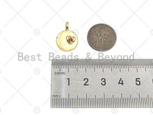 Load image into Gallery viewer, Fuchsia CZ Micro Pave Heart On Round Coin Shape Charm,18K Dianty Gold Medallion  Charm, Necklace Bracelet Charm Pendant,13x18mm, Sku#LK257