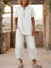 Load image into Gallery viewer, Women's Lapel Button-Up Top &amp; Pants Two-Piece Set – Three-Quarter Sleeve