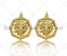 Load image into Gallery viewer, Gold Filled CZ Micro Pave Embossed Lion Head On Round Shape Pendant,18K Gold Filled Lion Charm, Necklace Bracelet Pendant,21x25mm,Sku#LK338