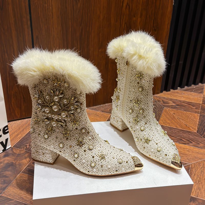 Women's Winter Fleece-Lined Chunky Heel Ankle Boots - Warm Rhinestone Split-Toe Booties