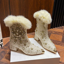 Load image into Gallery viewer, Women's Winter Fleece-Lined Chunky Heel Ankle Boots - Warm Rhinestone Split-Toe Booties