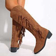 Load image into Gallery viewer, Suede Over-the-Knee Tassel Boots – Women's Brown Chunky Heel Slip-On