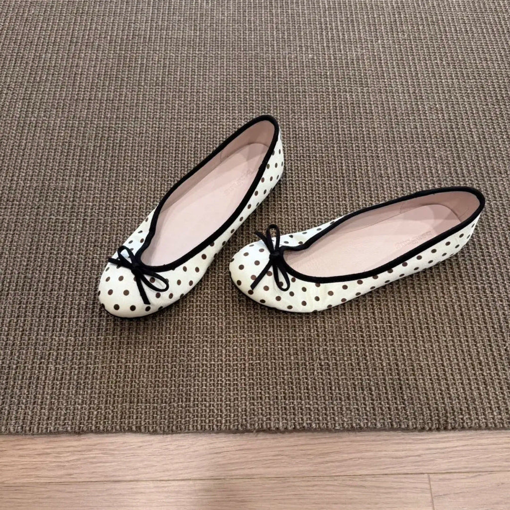 Women's Polka-Dot Bowtie Flat Shoes - Satin Round Toe Slip-On Flats