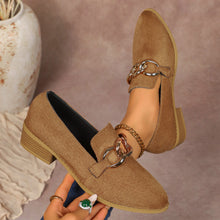 Load image into Gallery viewer, Women's Chunky Heel Suede Pumps – Elegant Metal Chain Pointed Toe Slip-On Shoes