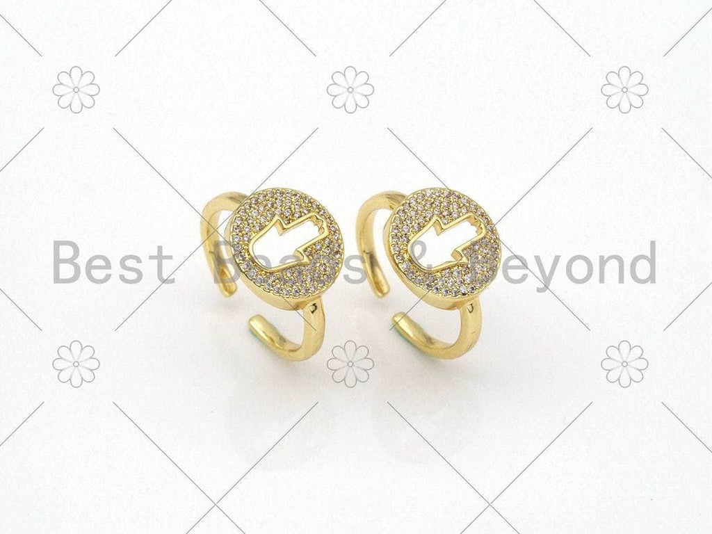 CZ Hamsa Hand On Coin Shape Adjustable Ring, Sku#X217