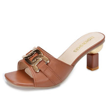 Load image into Gallery viewer, Women's Metal Buckle High Heel Peep Toe Slippers | Block Heel Open Toe Mules in PU Leather