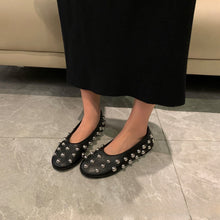Load image into Gallery viewer, Women's Black Studded Ballet Flat Shoes – PU Leather Casual Flats with Metal Stud Detail