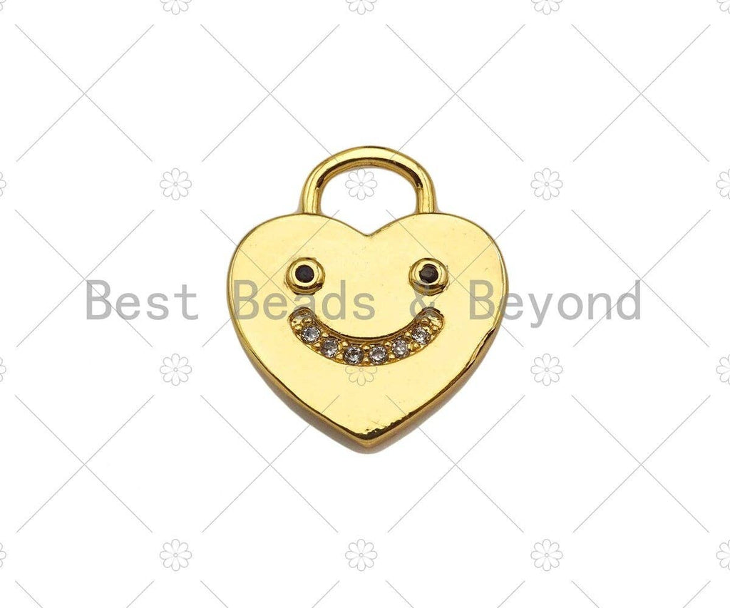 18K Dainty Gold Smiley Face On Heart Lock Shape Pendant/Charm, Necklace Bracelet Charm Pendant,15x13mm, Sku#LK233