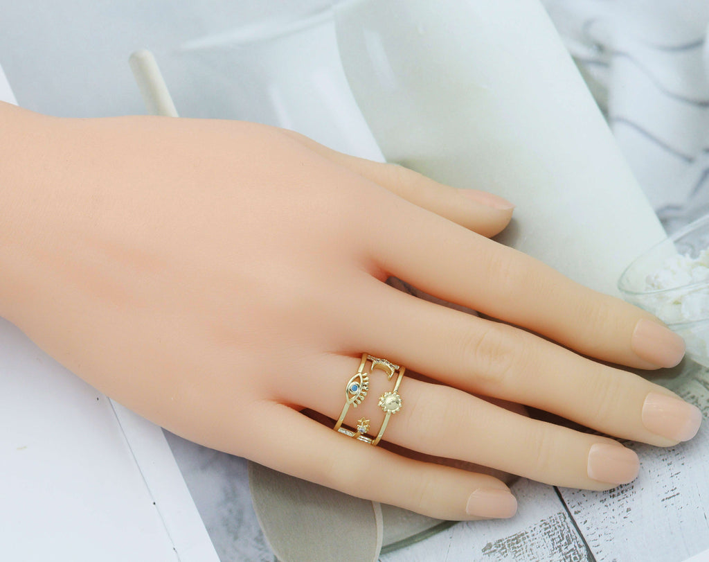 Sun Moon Star Evil Eye Ring, Sku#LD336
