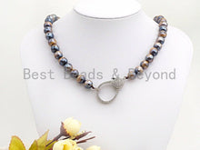 Load image into Gallery viewer, Plated Brown Tiger Eye Attachment Necklace with Large CZ Pave Silver clasp, 18 long, 8mm/10mm beads size, sku#D46