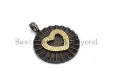 Load image into Gallery viewer, Large Pleat Round With CZ Micro Pave Heart Pendant, Cz Paved Charm/Focal Pendant, Necklace Charm Pendant, 35x38mm,sku#F661