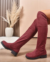 Load image into Gallery viewer, Women's Burgundy Suede Lace-Up Knee High Boots | Chunky Heel Side Zip