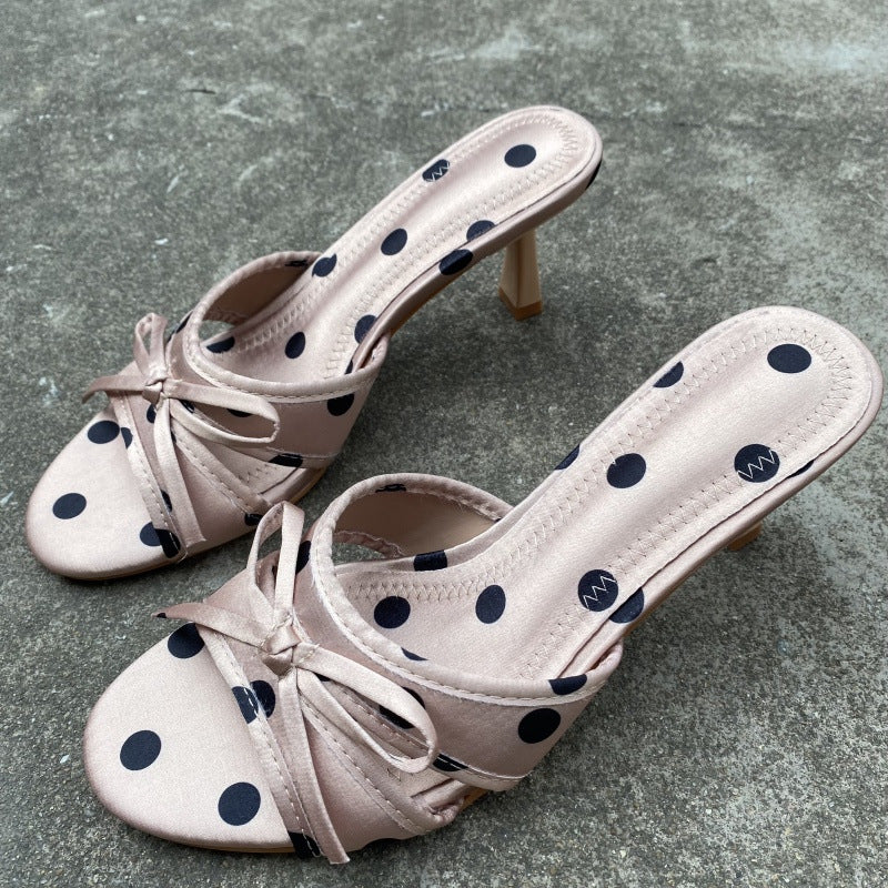 Women's Polka-Dot Bow-Knot Slippers - Elegant Satin High Heel Slip-On Shoes