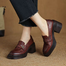 Load image into Gallery viewer, Vintage Chunky-Heeled Leather Shoes for Women - Round Toe Slip-On Dress Shoes
