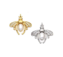 Load image into Gallery viewer, Large Pave CZ Gold Pearl Bee Insect Charm, Sku#LX147