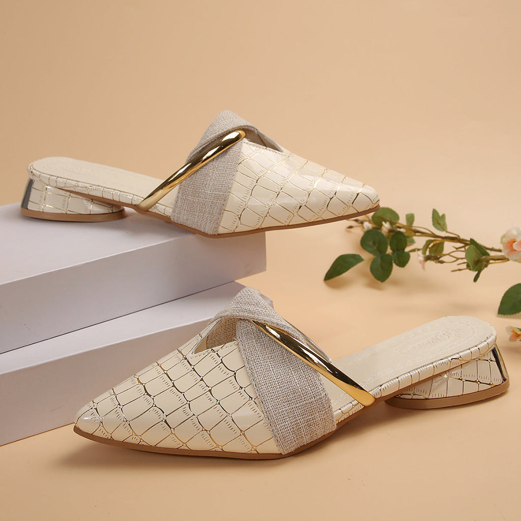 Women's Pointed-Toe Low-Heel Plaid Slippers - Chic Outdoor Mules