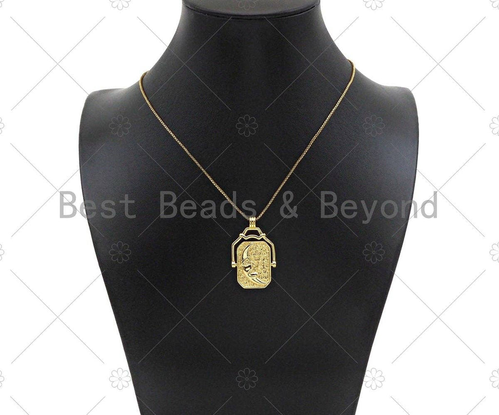 18K Gold Sun Face Cresent Moon Medallion Pendant/Charm,Two Sided Rotating Charm, 22x36mm,Sku#LK249