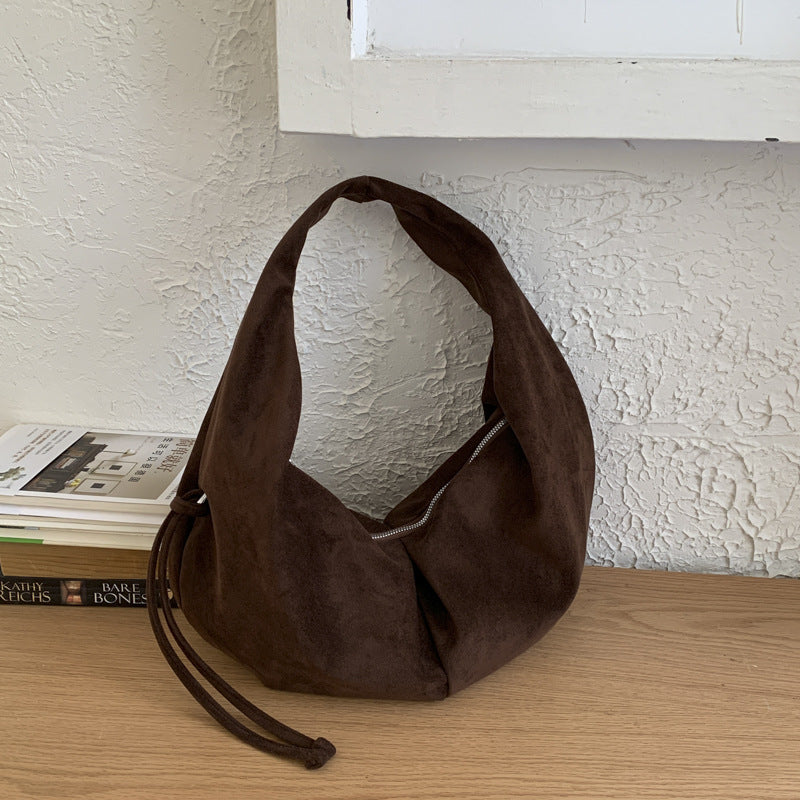 Suede Pleated Tote Bag for Women – Retro Minimalist Dumpling Shoulder Bag
