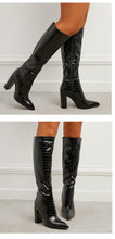 Load image into Gallery viewer, Women's Crocodile-Print Chunky High Heel Knight Boots – Side Zipper, Pointed Toe