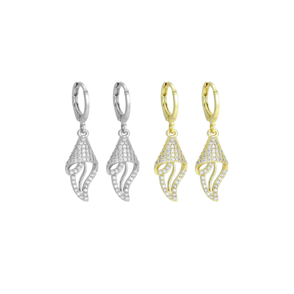 Clear CZ Shell Flower Snail Dangle Earrings, Sku#A463