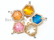 Load image into Gallery viewer, Hexagon Bezel Connector with Faceted Cat's Eye Stone, Gold Plated CZ Micro Pave Frame Connector, Topaz/Blue/White/Pink 14x18mm, sku#A79