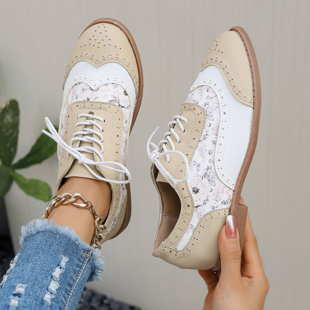 Women's Color-Block Lace-Up Flats Round Toe Casual Shoes – Plus Sizes