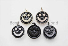 Load image into Gallery viewer, 38mm Black Enamel Oil Drop Smiley Face Round Pendant, Gold/Rose gold/Black/Silver, Cubic Zirconia Pave Pendant, Happy face charm, SKU#F612