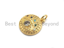 Load image into Gallery viewer, CZ Colorful Micro Pave Round  Gold With Evil Eye Coin Pendant, Coin Shaped Pave Pendant, Gold plated, 15x17mm, Sku#F866
