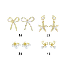 Load image into Gallery viewer, White Pearl Gold Bowknot Star Fish Stud Earring,Sku#LD747