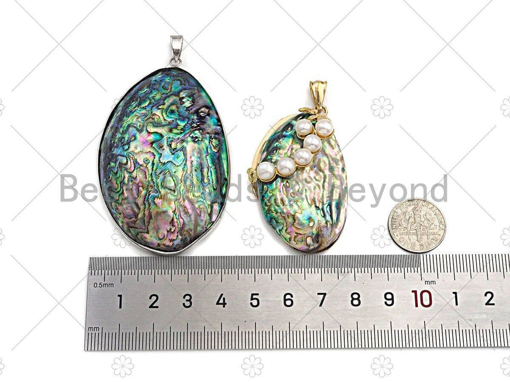 Large Natual Abalone Shell Pendant, Focal Puffy Abalone Pendant Silver Gold Finish with Pearl, Focal Abalone Charm, sku#R39