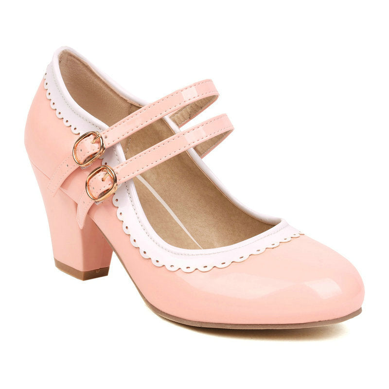 Women's Patent Leather Chunky Heel Mules – Candy Color Round Toe Buckle High Heels