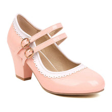 Load image into Gallery viewer, Women's Patent Leather Chunky Heel Mules – Candy Color Round Toe Buckle High Heels