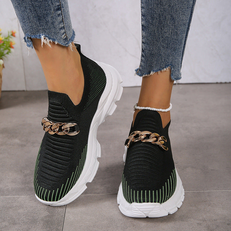 Women's Slip-On Platform Flat Shoes | Breathable Knit Chunky Sole Casual Sneakers