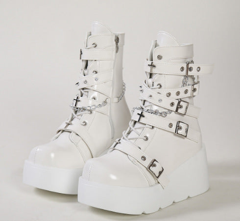 Women's Chunky Round-Toe Dr Martens Style Platform Boots | Side Zipper Wedge Heel
