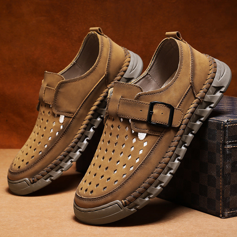 Men's Breathable Casual Leather Shoes | Stitched Buckle Low-Top Sneakers