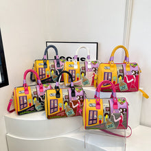Load image into Gallery viewer, Premium Embroidered Boston Bag - PU Leather Handbag with Patchwork Design