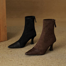 Load image into Gallery viewer, Women's Retro Pointed-Toe Patchwork Slim Mid-Calf Boots | Sheepskin Upper | Black &amp; Brown