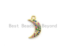 Load image into Gallery viewer, Multi-Color CZ Micro Pave Moon Pendant, Moon Shaped Pave Pendant, Gold plated, 8x14mm, Sku#B112/F757