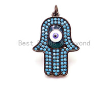 Load image into Gallery viewer, CZ Micro Pave Turquoise Hamsa Hand With Evil Eye Pendant/Charm,Cubic Zirconia Pendant,Fashion Jewelry Findings, 18x28mm, sku#F18