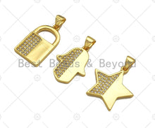Load image into Gallery viewer, CZ Micro Pave Lock/Hamsa Hand/Five Star Pendant,Half CZ Medallion Charm, Necklace Bracelet Charm Pendant,13x22/18x20/15x21mm, Sku#LK245