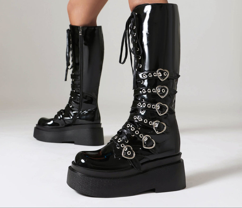 Women's Chunky-Soled Punk Over-the-Knee Boots with Cross-Tie Straps | Side Zipper | Sizes 34–44