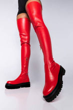 Load image into Gallery viewer, Women's Over-the-Knee Plush Boots | Side Zipper, Round Toe, Mid Heel – Red &amp; Black