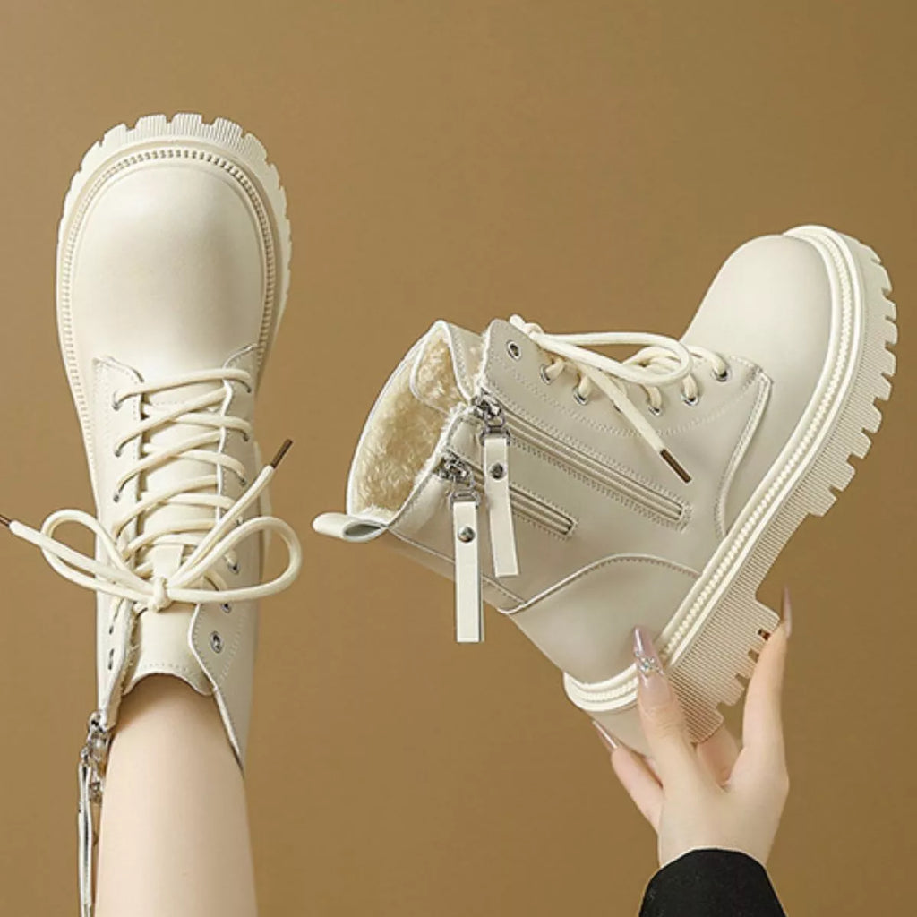 Women's Lace-Up Ankle Combat Boots – Mid Heel PU Leather