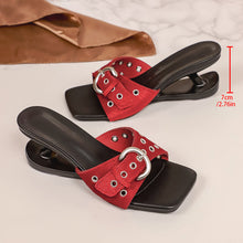 Load image into Gallery viewer, Women's Square Toe High Heel Sandals | Fabric Strappy Heels in Black, Leopard &amp; Red