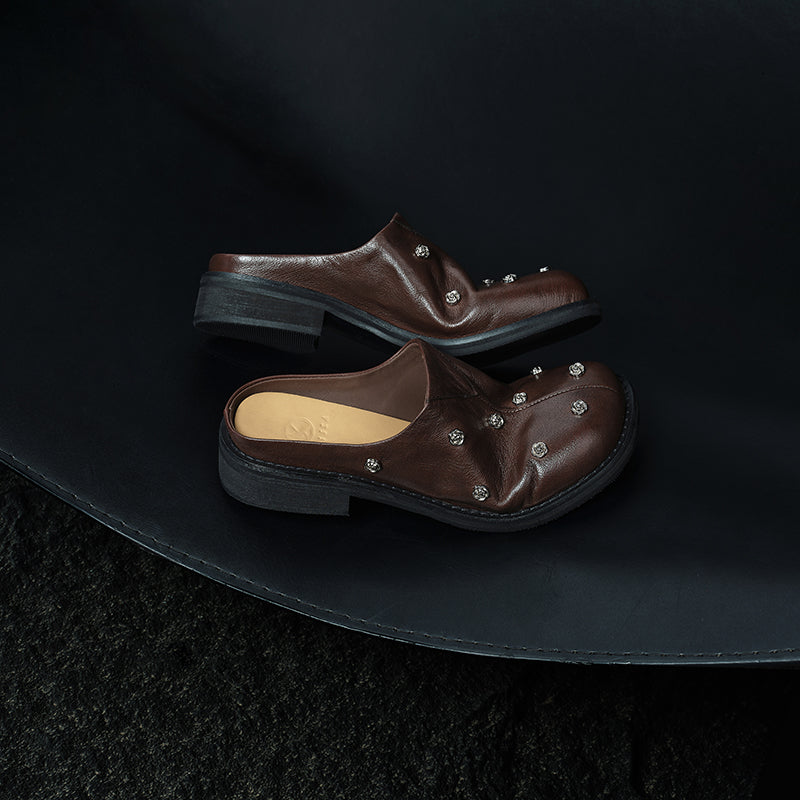 Full Grain Leather Studded Mules