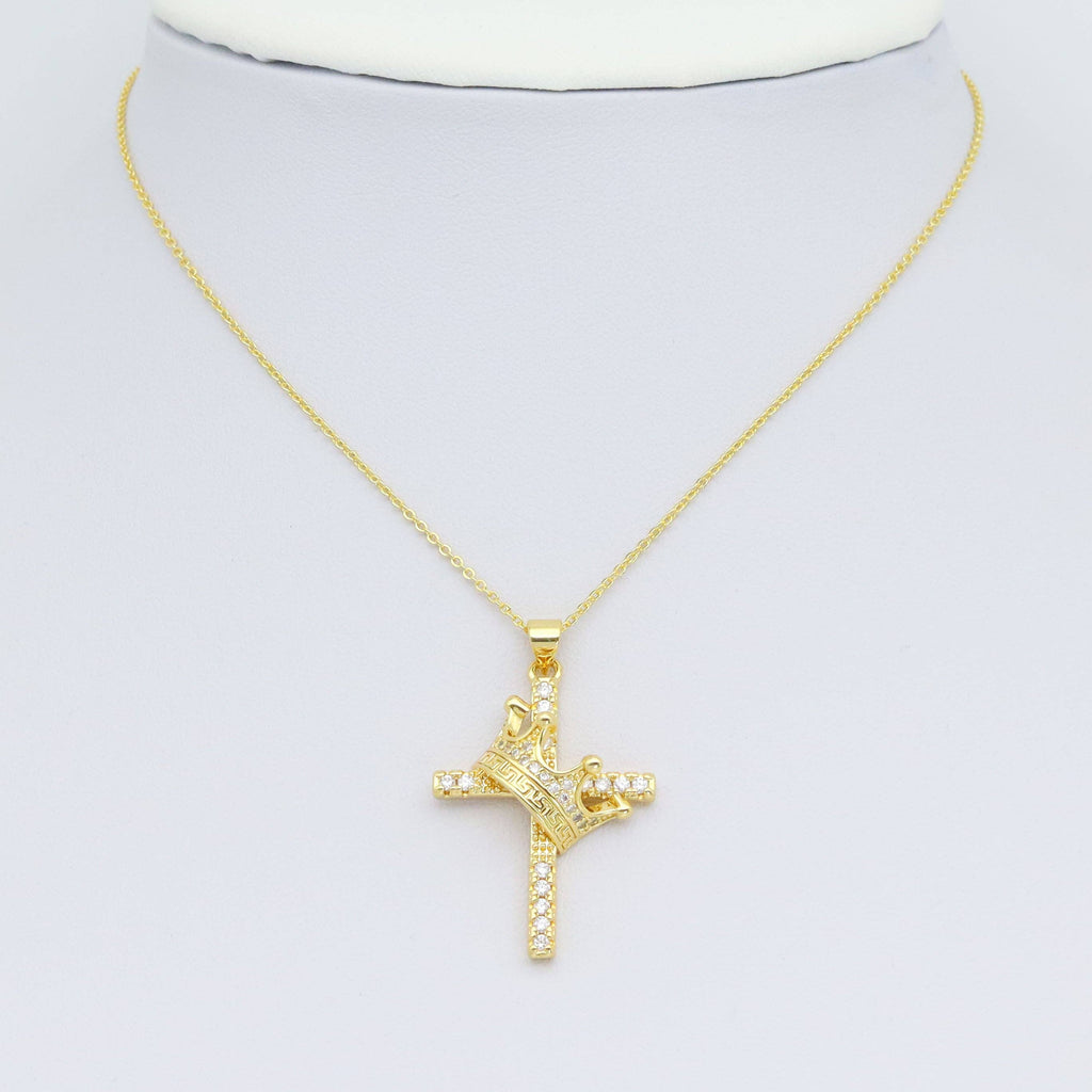 Gold Silver Clear CZ Crown Cross Charm Pendant, Sku#LD637