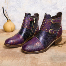 Load image into Gallery viewer, Women's Ethnic Rivet Buckle Boots - Cowhide Leather Fashion Ankle Boots with Side Zipper