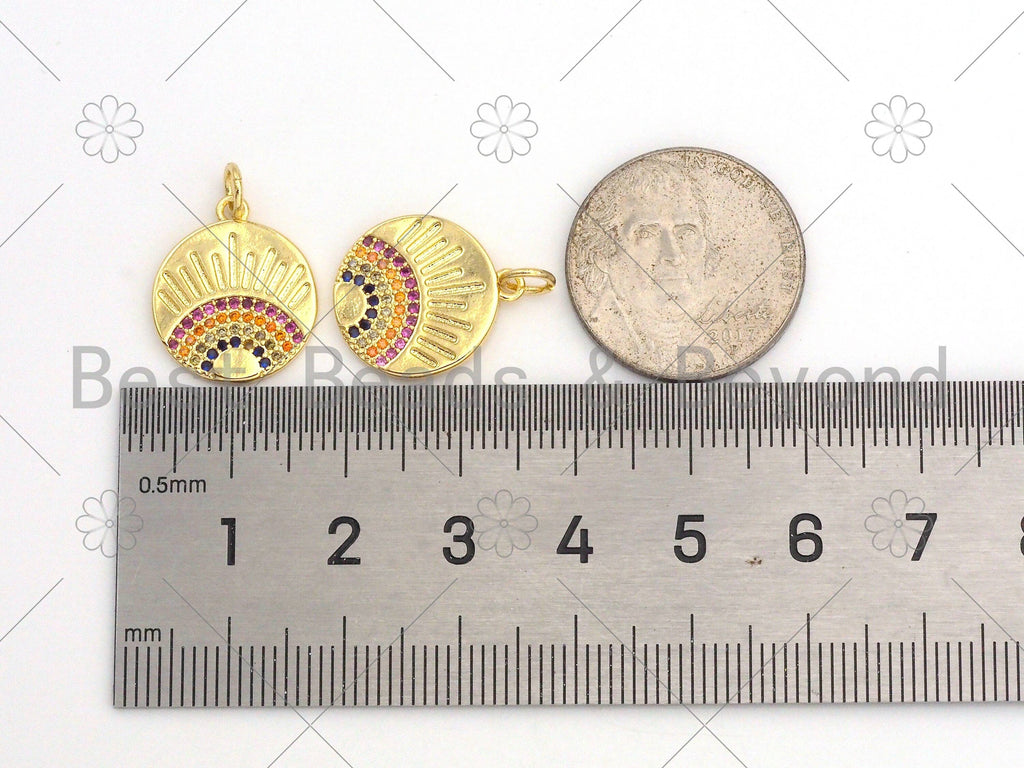 Colorful CZ Micro Pave Rainbow On Round Coin Shape Pendant,18K Gold Filled Medallion Charm, Necklace Bracelet Pendant,14x17mm,Sku#LK375