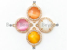 Load image into Gallery viewer, Round Bezel Connector with Cat's Eye Stone, Gold Plated CZ Micro Pave Frame Connector, Cat's Eye /Topaz /White/Rose pink 14x19mm, sku#A77