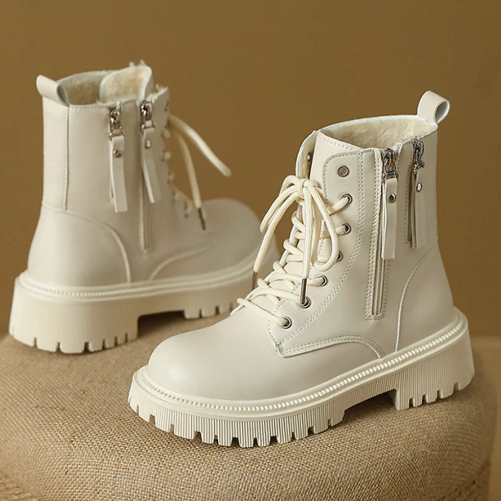 Women's Lace-Up Ankle Combat Boots – Mid Heel PU Leather